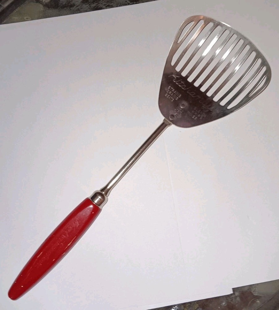 Vtg A&J Kitchamajig Slotted Spoon Whisk Strainer Utensil Red Wood Handle 12” USA