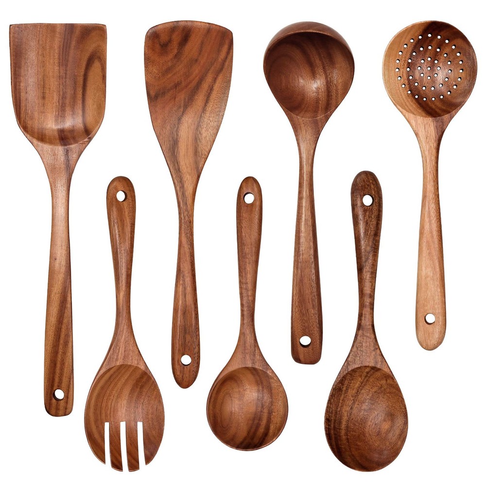 Non-Stick Wooden Kitchen Utensil Set – 7 Natural Teak Tools for Cooking