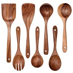 Non-Stick Wooden Kitchen Utensil Set – 7 Natural Teak Tools for Cooking