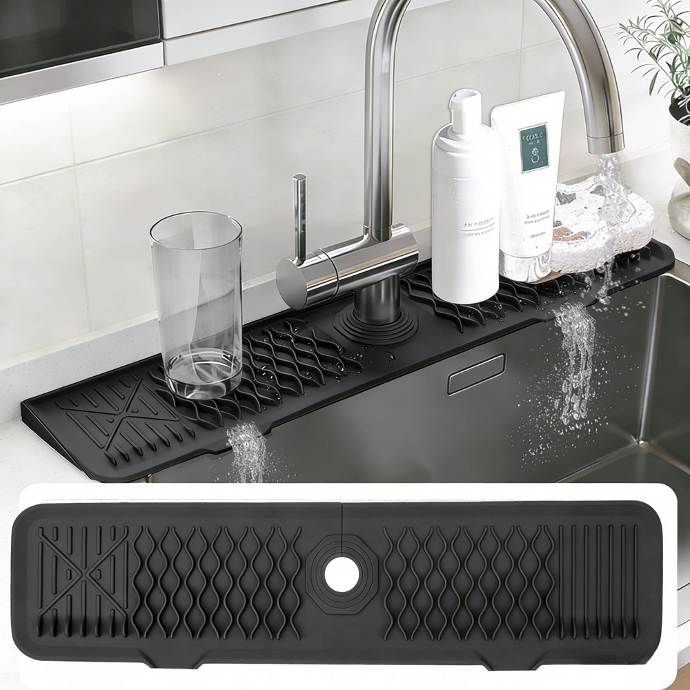 24 Inch Silicone Faucet Mat for Kitchen Sink, 7° Slope Fast Self-Draining Sin…