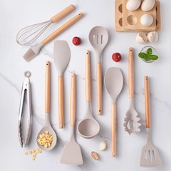 12pcs, Silicone Utensil Set, Khaki Kitchen Utensil Set With Wooden Handle, Safet