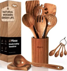 Wooden Cooking Utensils Set Nonstick Spoon Spatula Spreader with Holder 9 Pcs