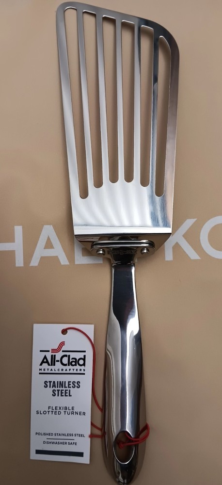 All-Clad polished stainless steel flexible slotted turner dish washer safe