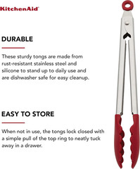 KitchenAid Silicone Stainless Steel Tongs, 12 Inch, Red