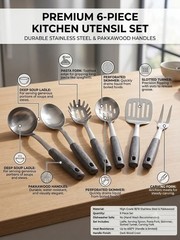 Kitchen Maestro 7pc Stainless Steel Utensil Set Pakkawood Handles KM-171 Pasta