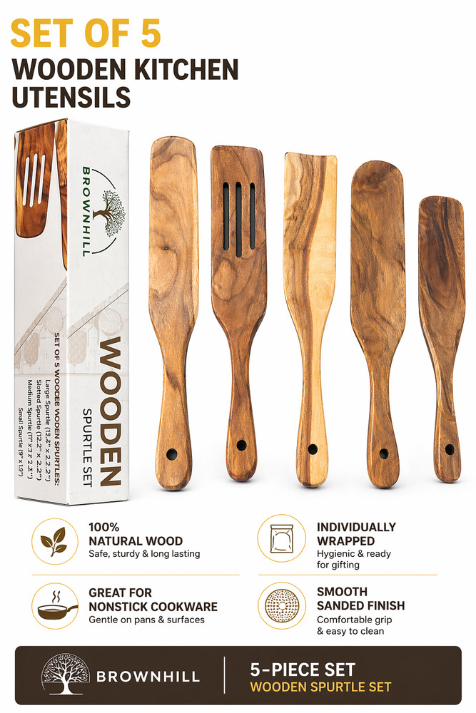 Brownhill Wooden Kitchen Utensil Set 5 Pc Spurtle Cooking Tools Natural Wood