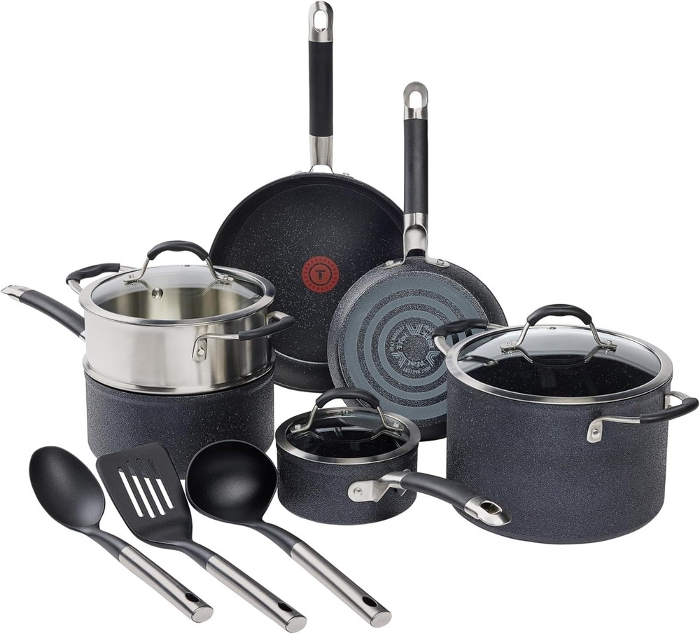 T-fal Stone Force Platinum Non Stick Cookware Set 12 Piece, Oven Black
