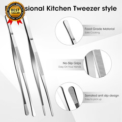 2 Pcs 12 Inch Stainless Steel Kitchen Utensils Cooking Tongs Kitchen Tweezers…