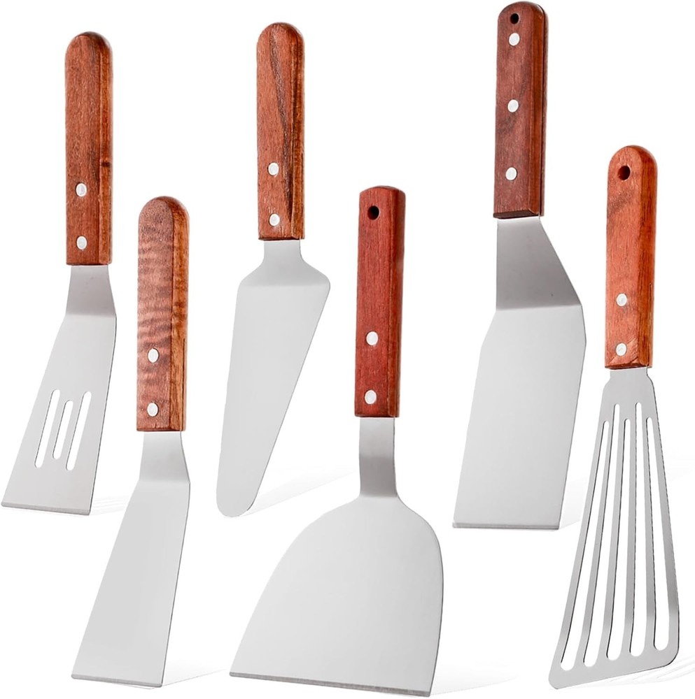 Stainless Steel Spatula Set 6Pc Wood Handle Grill Turner BBQ Flipper