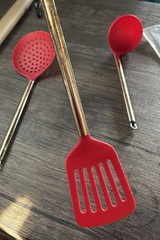 3-Piece Red Plastic Utensil Set w/ Stainless Steel Handles, Hanging Loop
