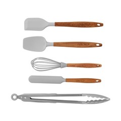 10-Piece Silicone and Acacia Wood Handle Kitchen Cooking Utensils Set, Gray