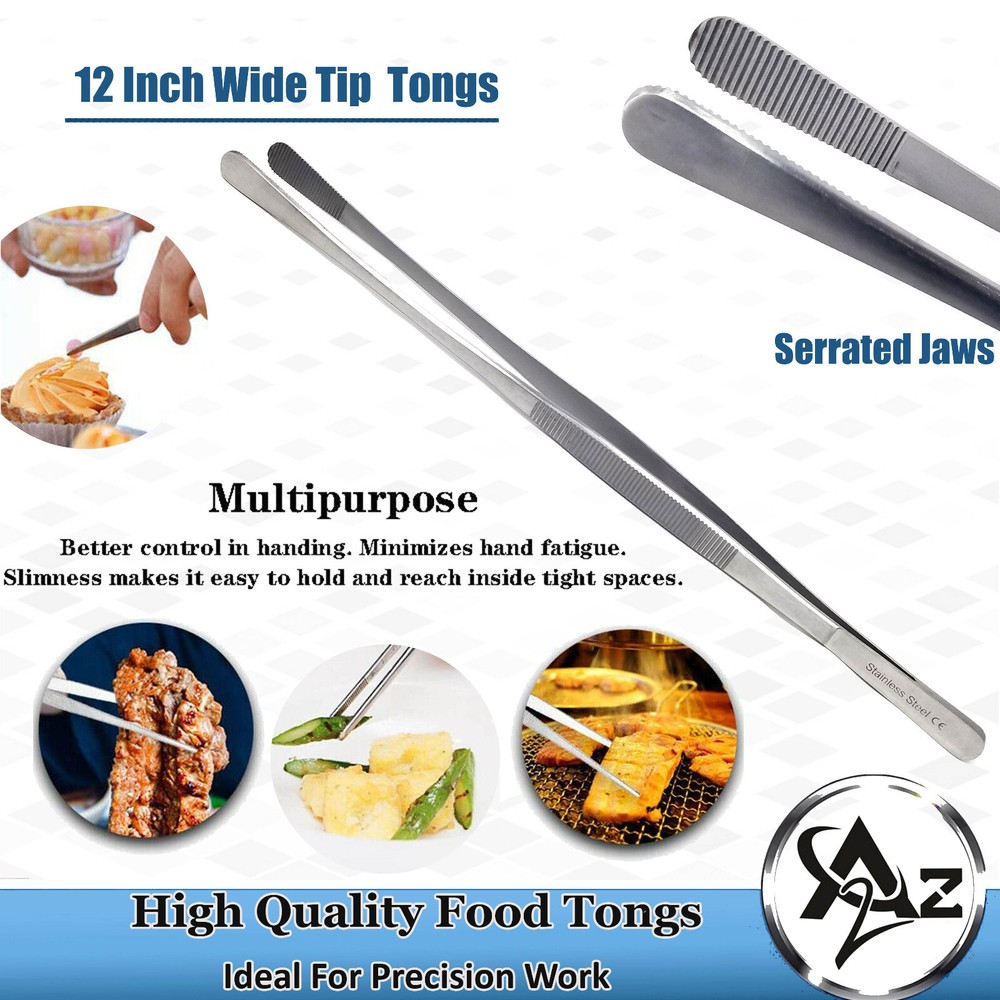 BBQ Kitchen Cooking Tweezers Tongs 12″ Extra-Long with Wide Round Serrated Tips