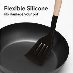 Non-Stick Silicone Cooking Utensils Set, 5 Pcs with Wooden Handle, Heat (Black)