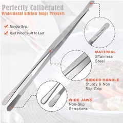 BBQ Kitchen Cooking Tweezers Tongs 12″ Extra-Long with Wide Round Serrated Tips