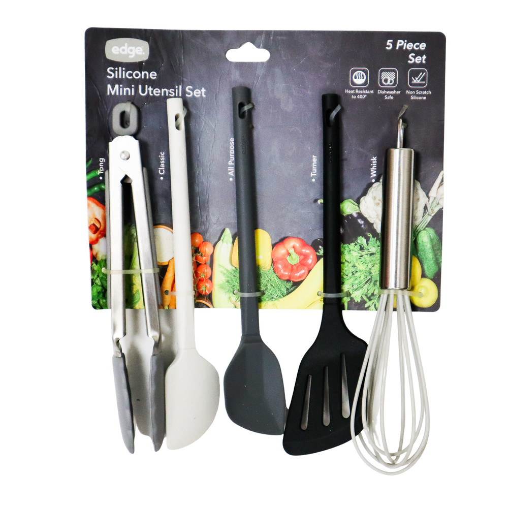 edge Silicone Mini Utensil Set 5pc Heat Resistant Non Scratch Dishwasher Safe 8″