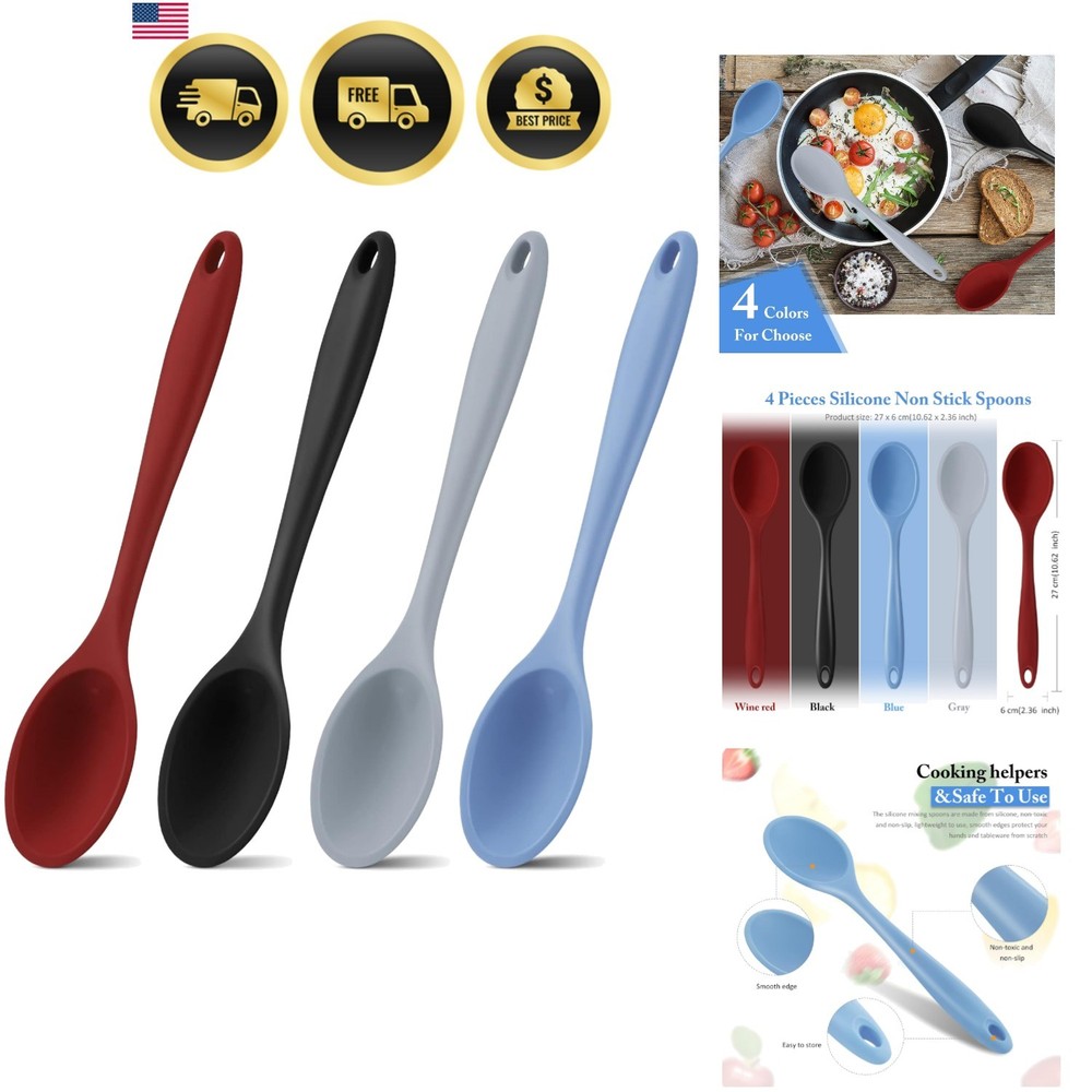 Silicone Cooking Spoons Set 4 Pieces Heat Resistant Non Stick Kitchen Utensils