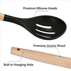 Non-Stick Silicone Cooking Utensils Set, 5 Pcs with Wooden Handle, Heat (Black)
