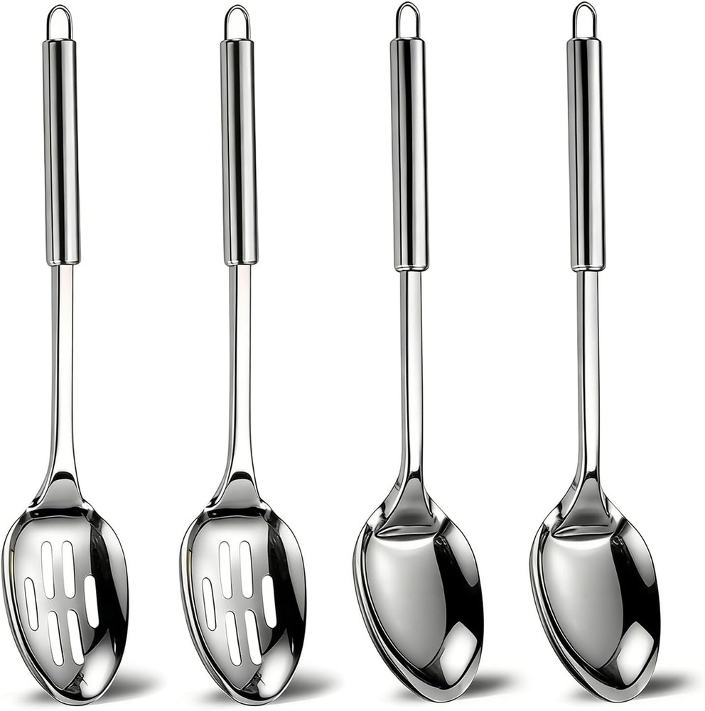 4 Pack Stainless Steel Cooking Spoon Set,Kitchen Large Cooking Spoons with Round