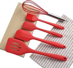 5Pc Silicone Kitchen Utensil Set, Red, Spatulas Whisk Brush, Heat Resistant