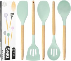 5P Kitchen Utensils Set Silicone Cooking Tools Wooden Handle Non-Stick Cookware