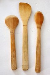 3 PAMPERED CHEF Wood Cooking Spoons OVAL ROUND Stir Fry SPATULA Bamboo Set