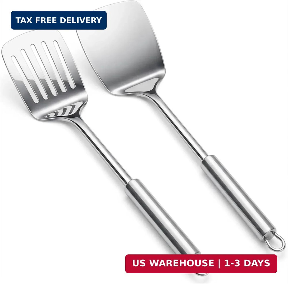 Silver Spatula Set, 13.5-Inch Stainless Steel Solid & Slotted Spatula Turner, US