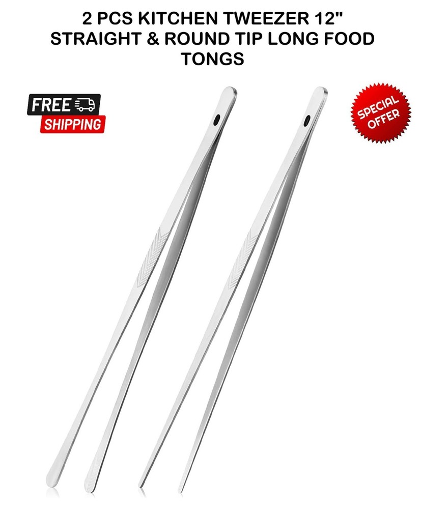 2 Pcs Kitchen Tweezer 12″ Straight & Round Tip Set Long Food Tongs Chef DIY Tool