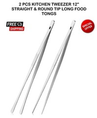 2 Pcs Kitchen Tweezer 12″ Straight & Round Tip Set Long Food Tongs Chef DIY Tool