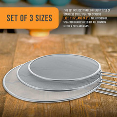 Set of 3 Stainless Steel Splatter Screen – 13″, 11.5″ & 9.5″ Sizes – Fine Mesh S