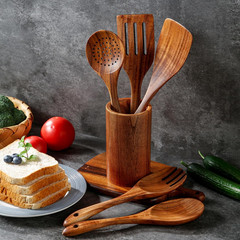 5pc Teak Wood Cooking Utensil Set Non Stick Heat Resistant Kitchen Spoons