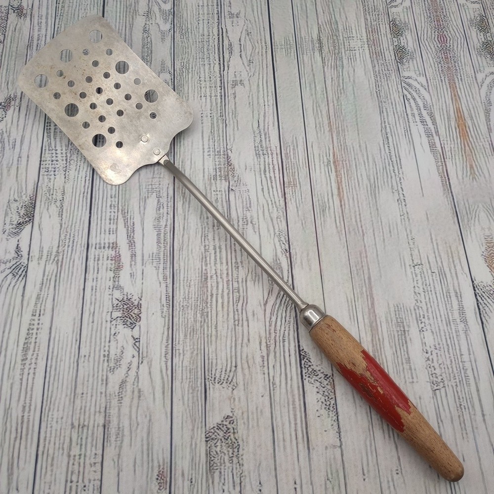 Vintage Chief Slotted Holes Long Spatula Red Wood Handle Farmhouse Rustic Turner