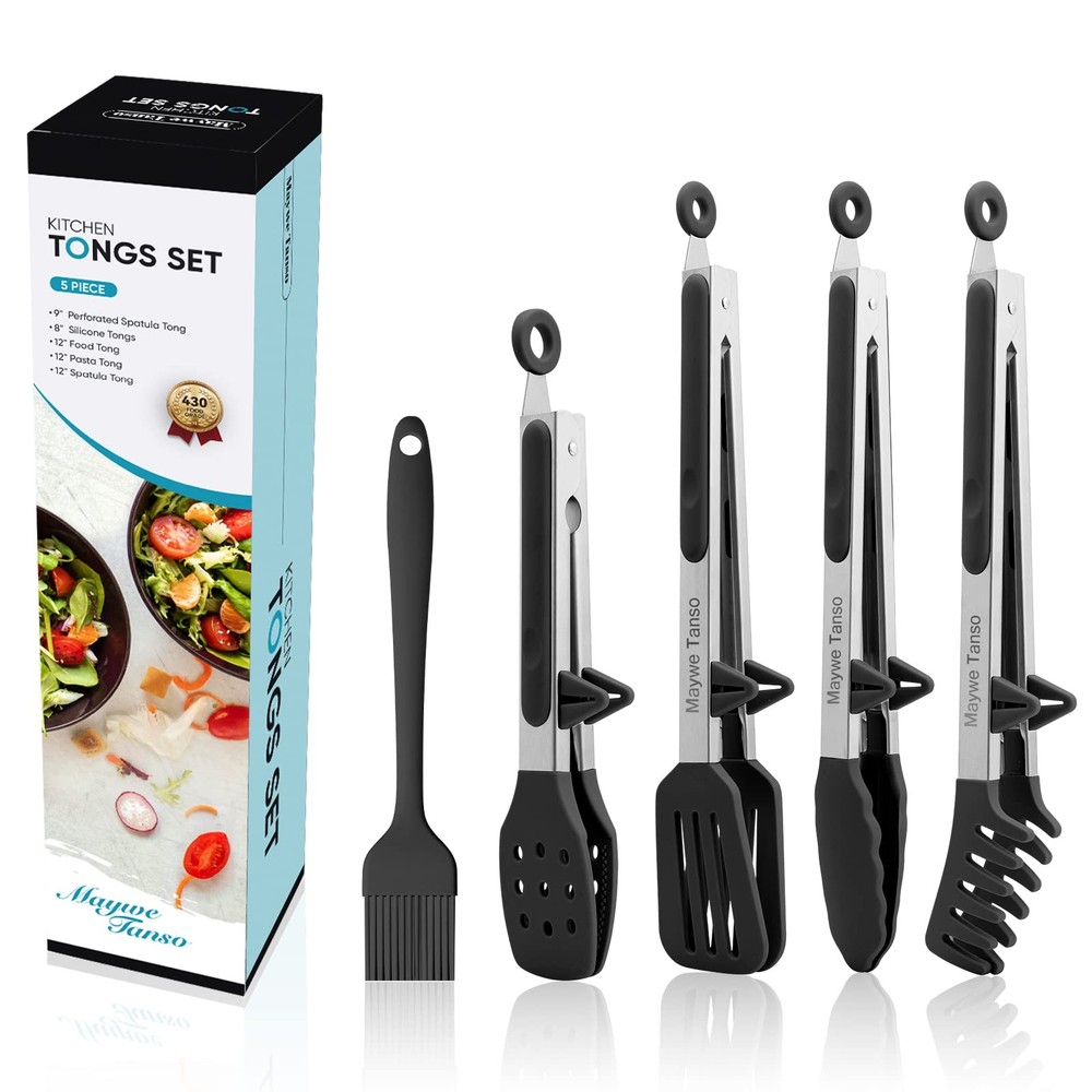 5-Pack Kitchen Tongs for Cooking with Silicone Tip,13 Inch,with Oil Brush