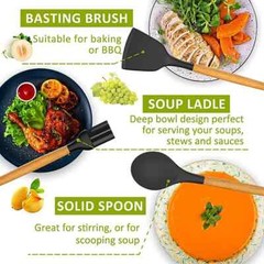 12-Pcs Kitchen Silicone Utensils Set with Heat Resist Wooden Handle Black