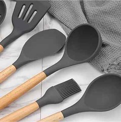 12-Pcs Kitchen Silicone Utensils Set with Heat Resist Wooden Handle Black