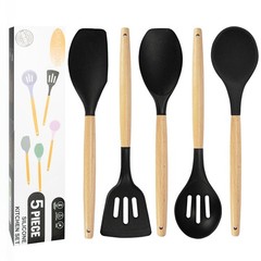Non-Stick Silicone Cooking Utensils Set, 5 Pcs with Wooden Handle, Heat (Black)