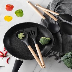 Non-Stick Silicone Cooking Utensils Set, 5 Pcs with Wooden Handle, Heat (Black)