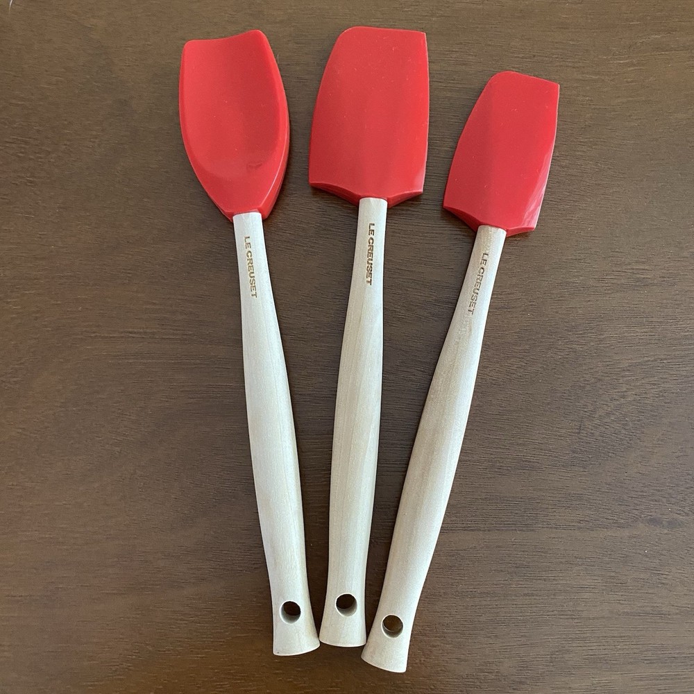 Le Creuset Craft Series Cerise Silicone Spatula Set of 3 Wood Handle Red USED