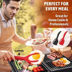 2Pcs 2 in 1 Egg Flipper Spatula Tongs Non Stick Grip Flip Omelet Pancake Black R