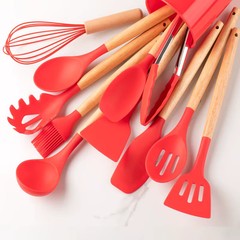 12pcs, Silicone Utensil Set, Khaki Kitchen Utensil Set With Wooden Handle, Safet