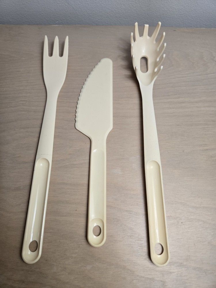 Vintage Tupperware Cooking Utensils Lot Set Of 3 Cream Plastic Pasta Spoon Knife