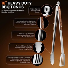 16-Inch Grill Tongs – Extra Long BBQ Tongs with Wood Handles – Heavy Duty Heat R