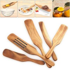 Spurtle Kitchen Cooking Utensil 5pc Set Teak Wood Non Stick Wooden Spatula Spoon