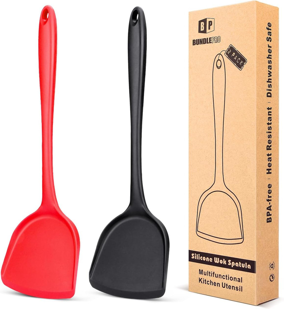 Pack of 2 Silicone Wok Spatula, Non-Stick, Heat Resistant, Easy to Clean and Dis