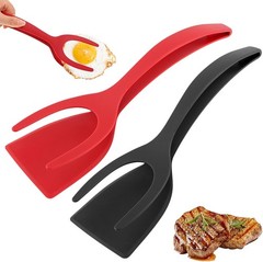 2Pcs 2 in 1 Egg Flipper Spatula Tongs Non Stick Grip Flip Omelet Pancake Black R