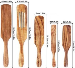 Spurtle Kitchen Cooking Utensil 5pc Set Teak Wood Non Stick Wooden Spatula Spoon