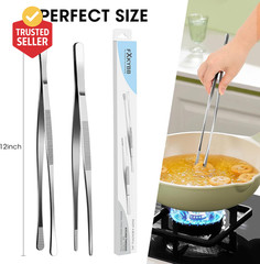 2 Pcs 12-Inch Stainless Steel Kitchen Utensils, Cooking Tongs, Kitchen Tweezers