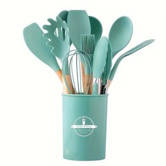 12 PCS Silicone Kitchenware Utensil Set with Wooden Handle & Holder